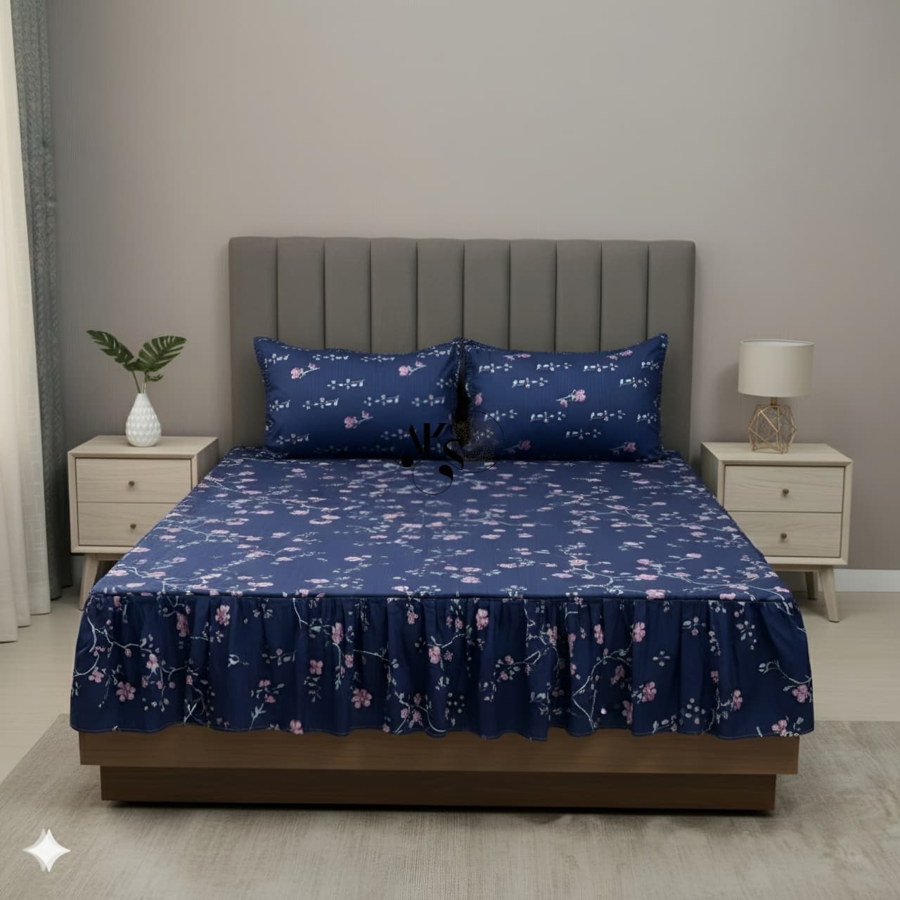 Cotton Frill 3pc Bedsheet Purple Hollyhock