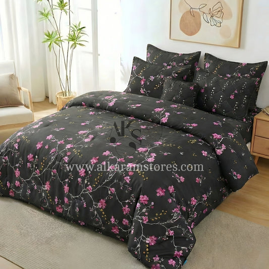 7pc Cotton Comforter Set Black Hollyhock