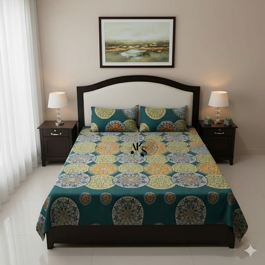 Crystal Cotton 3pc Bedsheet Green Medallion