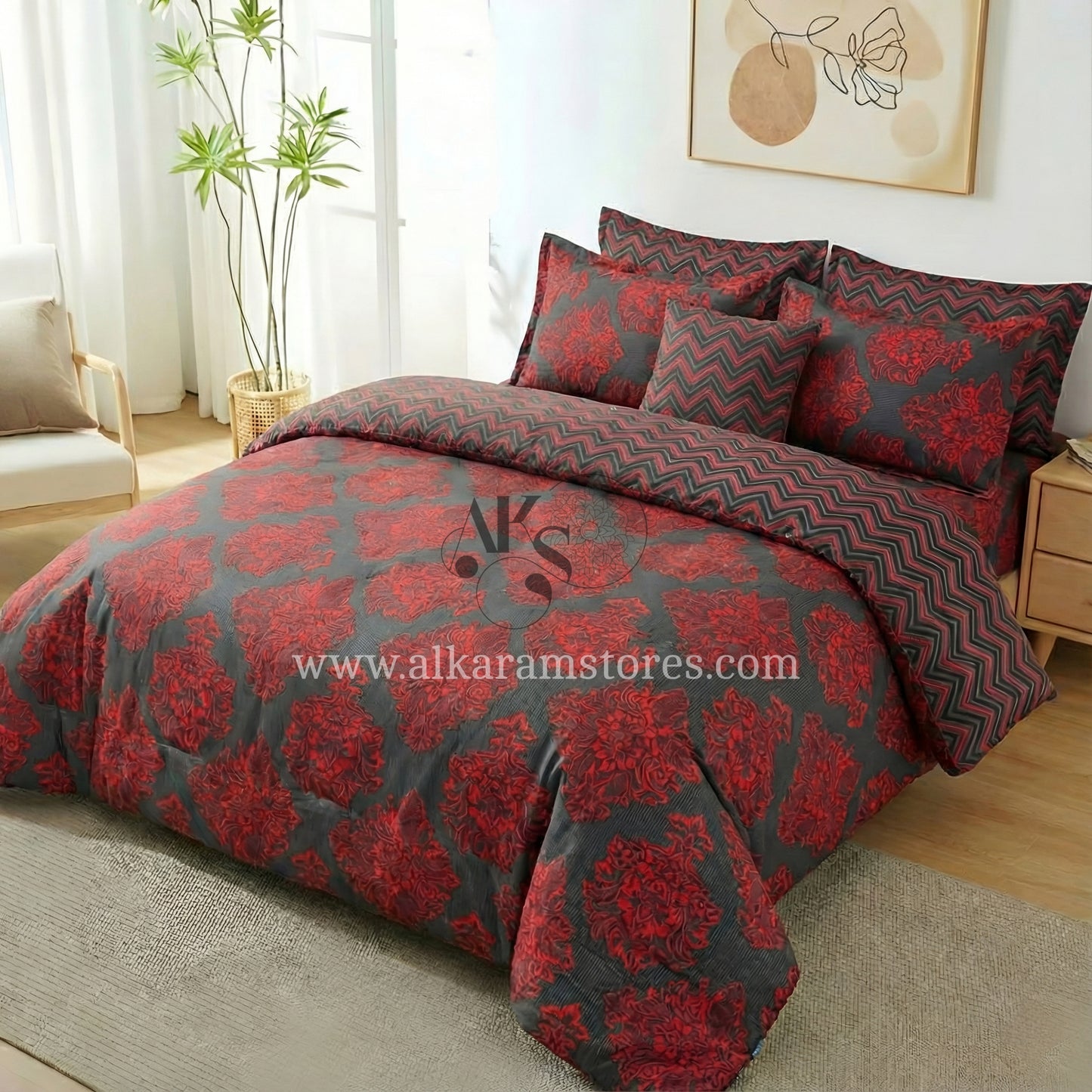 7pc Cotton Comforter Set Red Crystal