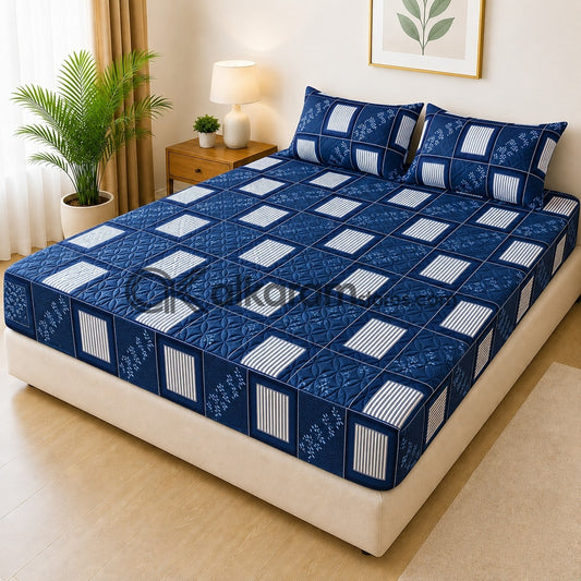 Navy Grid Quilted Fitted 3pc Bedsheet