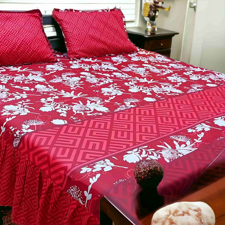 Cotton Frill 3pc Bedsheet - Red Strip