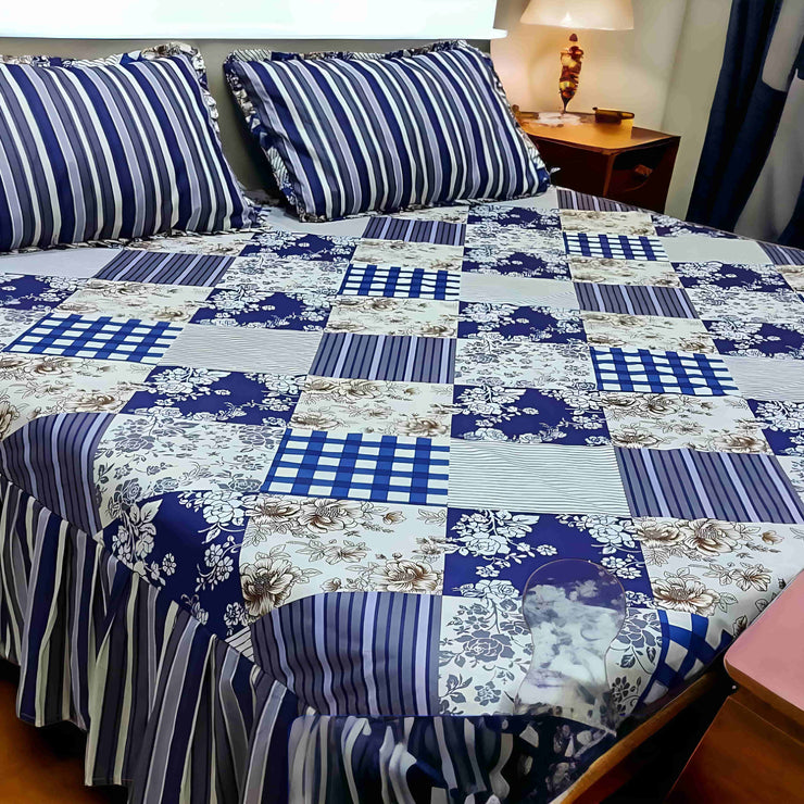 Cotton Frill 3pc Bedsheet - Blue Checked